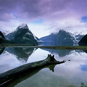 Reflections and view across Milford Sound to Mitre Peak