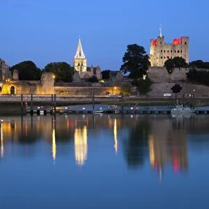 Rochester Castle and Cathedral on the River Medway at night, Rochester, Kent, England