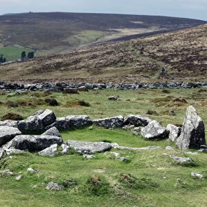 Ruins of early Bronze Age house, about 3500 years old, Grimspound, Dartmoor National Park, Devon, England, United Kingdom, Europe