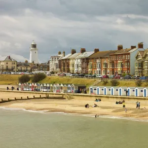 Seafront of this attractive town with the lighthouse, North Parade and the famously pricey beach huts, Southwold, Suffolk, England, United Kingdom, Europe