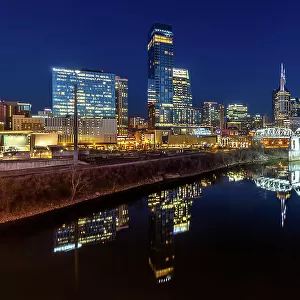 Skyline reflection at night, Cumberland River, Nashville, Tennessee, United States of America, North America