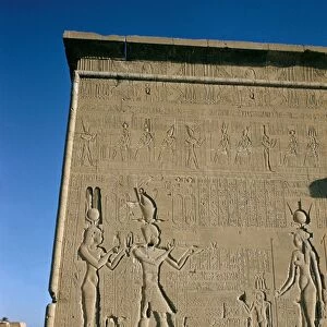 South facade, reliefs of Ptolemy XVI, son of Julius Caesar, with his mother Cleopatra in presence of deities, Late Ptolemaic, Temple of Hathor, Dendera, Egypt, North