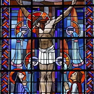 Stained glass of the Crucifixion in Notre Dame du Rosaire Catholic church, Saint-Ouen