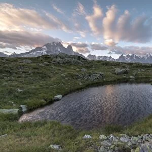 Sunrise on Mont Blanc massif seen from Lacs De Cheserys, Chamonix, Haute Savoie, French Alps