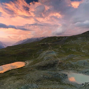 Sunset over the alpine lake of Riffelsee, Zermatt, canton of Valais, Swiss Alps, Switzerland