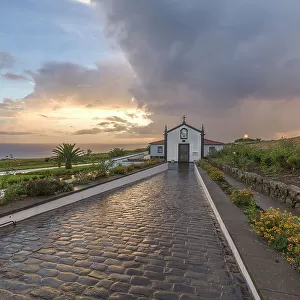 Sunset over Ermida de Nossa Senhora do Pranto chapel on Sao Miguel island, Azores Islands, Portugal, Atlantic, Europe