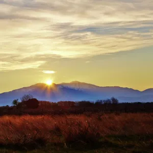 Sunset over Mount Canigou, Languedoc-Roussillon, Pyrenees Orientale, France, Europe