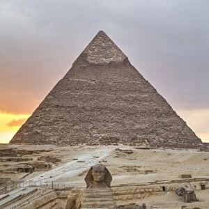 Sunset, Sphinx in foreground and the Pyramid of Chephren, The Pyramids of Giza, UNESCO
