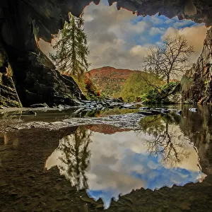 Sunshine and showers with autumn colours from Rydal Cave, Lake District National Park, UNESCO World Heritage Site, Cumbria, England, United Kingdom, Europe
