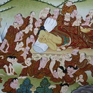 Thangka painting of the Buddhas death (Parinirvana), Bhaktapur, Nepal, Asia