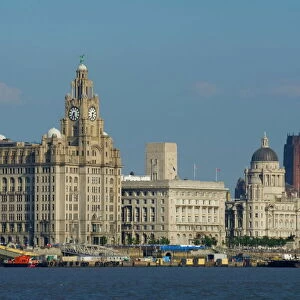 TheThree Graces and cathedral from the River Mersey ferry, Liverpool, Merseyside