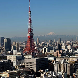 Tokyo tower, city skyline and Mount Fuji beyond, Tokyo, Japan, Asia