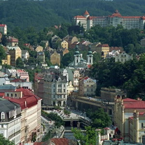The town of Karlovy Vary (Karlsbad) seen from Thermal sanatorium, Czech Republic, Europe