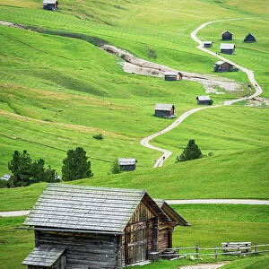 Typical alpine wooden mountain huts on green fields, Dolomites, Puez Odle, Bolzano district, South Tyrol, Italy, Europe