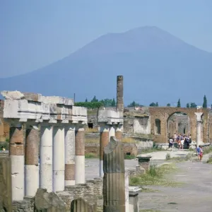 Vesuvius volcano from ruins of Forum buildings in Roman town