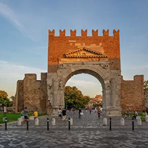 View of Arch of Augustus (Arco d'Augusto) at sunset, Rimini, Emilia-Romagna, Italy, Europe
