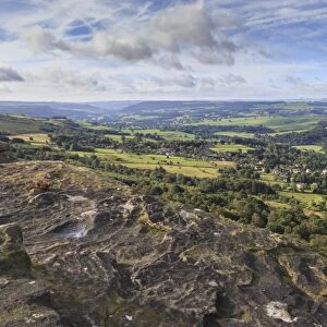 View towards Chatsworth from Curbar Edge, with Calver and Curbar villages, Peak District