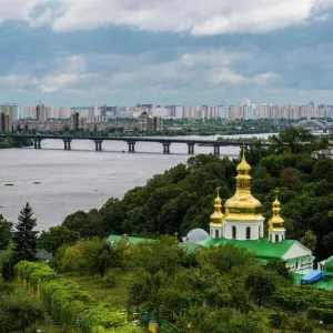 View over city, the Kiev-Pechersk Lavra and the Dnieper River, Kiev (Kyiv), Ukraine, Europe