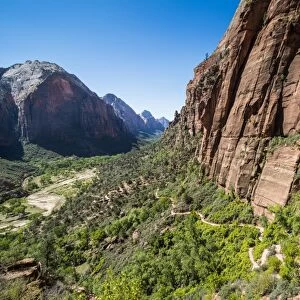 View over the cliffs of the Zion National Park and the Angels Landing trail, Zion National Park, Utah, United States of America, North America
