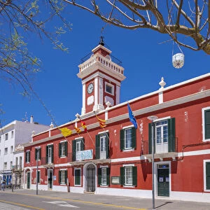 View of colourful archiecture in Placa des Esplanada against blue sky, Cales Fonts, Menorca, Balearic Islands, Spain, Mediterranean, Europe