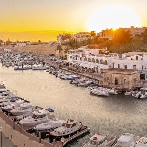 View of marina at sunset from elevated position, Ciutadella, Menorca, Balearic Islands, Spain, Mediterranean, Europe