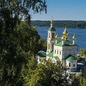View over an Orthodox church and the Volga River, Plyos, Golden Ring, Russia, Europe