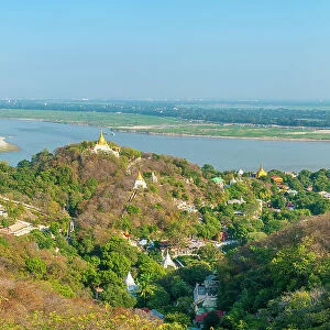 View of pagodas at Sagaing Hill and Irrawaddy River, Mandalay, Myanmar (Burma), Asia