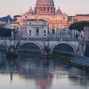 View of St. Angelo bridge over the River Tiber, and St. Peters Basilica, Rome, Lazio