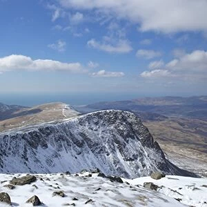 View from summit of Cader Idris in winter looking to Barmouth, Snowdonia National Park, Gwynedd, Wales, United Kingdom, Europe