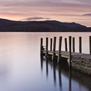 View along wooden jetty at Barrow Bay landing, Derwent Water, Lake District National Park