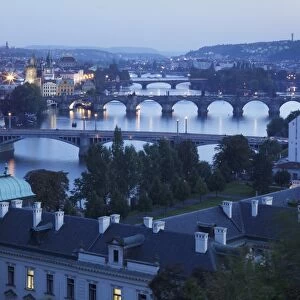 Vltava River with the bridges, Charles Bridge, UNESCO World Heritage Site, and the Old Town with Old Town Bridge Tower, Prague, Bohemia, Czech Republic