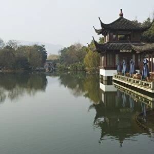 A waterside pavilion at Winding Garden at West Lake, Hangzhou, Zhejiang Province