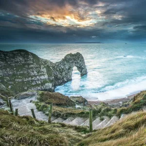 A winter sunset at Durdle Door on the Jurassic Coast, UNESCO World Heritage Site