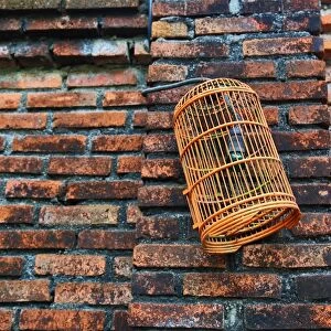 Empty birdcage hanging on a wall in Legian, Denpasar, Bali, Indonesia