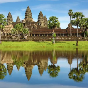 Reflection of Angkor Wat Temple in lake in Siem Reap, Cambodia