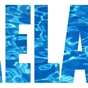 Relax fun word text mug with blue water ripple background
