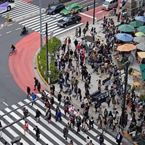 Street scene showing crowds of people crossing the street on a pedestrian crossing in Harajuku, Tokyo, Japan