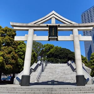 Torii gate entrance in Akasaka to the Hie-Jinja Shinto Shrine, Tokyo, Japan