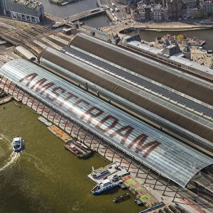 Aerial view of Amsterdam with Amsterdam Central Railway station, Netherlands