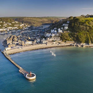 Aerial view of the beautiful Cornish fishing town of Looe on a sunny spring morning, Looe