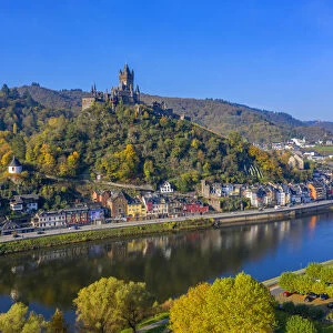 Aerial view on Cochem with Cochem castle, Mosel valley, Rhineland-Palatinate, Germany
