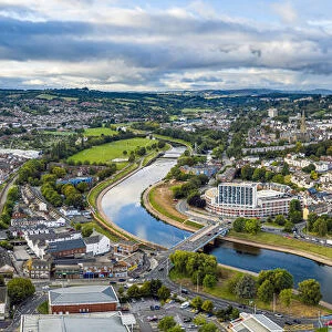 Aerial view over Exeter city centre and the river Exe, Devon, England