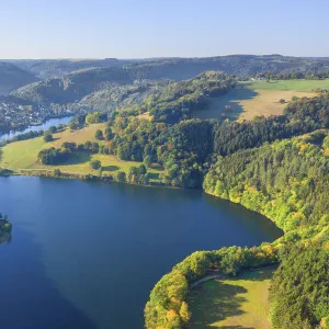 Aerial view at the Obersee part of the Lake Rur in the morning, Eifel National Parc