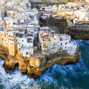 Aerial view of Polignano a Mare at sunrise. Polignano a Mare, Apulia, Italy