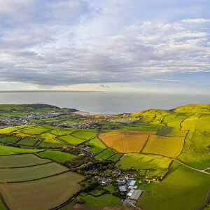Aerial view over Putsborough beach towards Woolacombe, Morte Bay, North Devon, England
