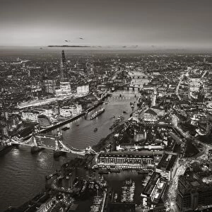 Aerial view of The Shard, River Thames, Tower Bridge and City of London, London, England