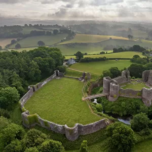 Aerial view of White Castle (also known as Llantilio Castle), Monmouthshire, Wales. Summer (June) 2023