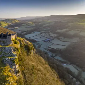 Aerial vista of Carreg Cennen Castle in the Brecon Beacons National Park, Carmarthenshire