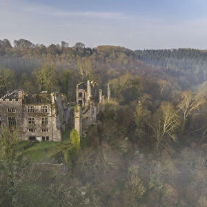 Aerial vista of the ruins of Berry Pomeroy Castle at dawn, South Hams, Devon, England