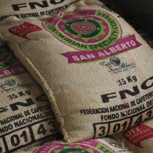 Bags of coffee in Buenavista, Colombia, South America